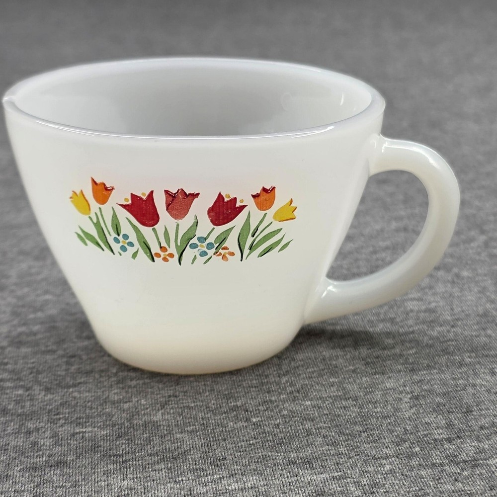 Vintage Fire King Milk Glass Tumbler White Floral Tulips Handled USA Kitchen