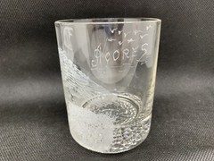 VTG Hand Etched Azores Glass Artist Signed Eagle Double Old Fashioned Portugal