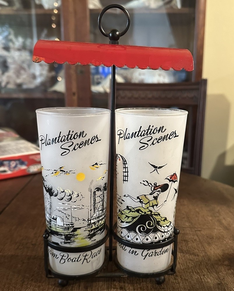 Vintage Libbey Frosted Plantation Scenes Highball Tumblers With Caddy Carrier