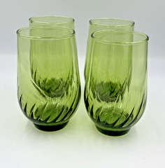 Set Of 4 Anchor Hocking Regal Green (Avocado) Vintage Glass Optic Swirl Tumblers