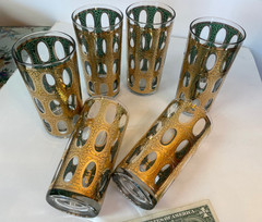 Culver Valencia Highball Glasses (6) 22K Gold & Green Mid century Barware Signed