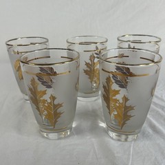 6 Vintage Mid-Century Libbey Frosted Gold Leaves 10 Ounces Glasses Tumblers