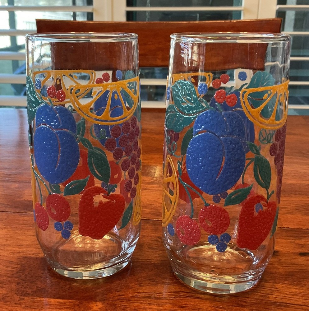 Vintage Set Of 2 Libbey Fanciful Fruit Textured Drinking Glass Tumblers