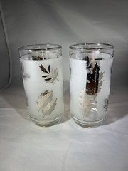Set 8 Vintage MCM Libbey Frosted Silver Foliage Leaf Tumbler Glasses Taper 12 oz
