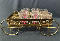 Vintage Culver Gold Tone Metal Shot Glass Caddy 8 Section Caddy W/6 Shot Glasses
