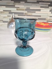 Vintage Teal Blue Glass Goblet Pedestal Cup Pressed Glass Barware