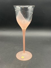 Set Of 3 Romanian Crystal Wine Glasses With Etched Design & Frosted Pink Stem