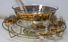 Culver Punch Bowl Fleur-De-Lis 10 Roly-Poly Glasses Metal Stand & Ladle 22K Gold