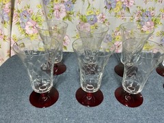 Vintage Ruby Base Etched Crystal Iced Tea Tumblers Set 6 Red Base Water Glasses