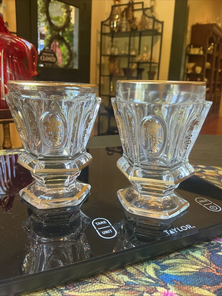 Antique Pair 4” Bohemian Czech Hexagonal Glass Goblets w/Gilded Grape & Vine