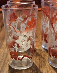 Vtg Set Of 6 8 Oz Juice Glasses Red And White Dogwood Pattern