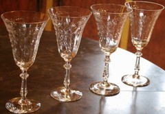SENECA Antique Set 4 ETCHED CRYSTAL WATER GOBLET GLASSES Hand Blown OPTIC Floral