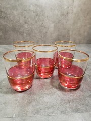 Cranberry Red Gold Stripe Pitcher 5 Glasses Shot Cordials