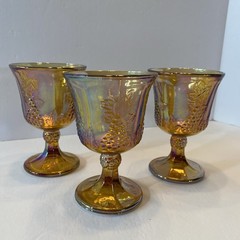 Vintage Indiana Harvest Grape Marigold Amber Carnival Glass Set of 3 Goblets