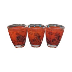 Vtg 3pc Set FRANCE Toile Red Black Asia Japanese Scene Shot Glasses Tumblers MCM