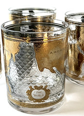 CERA World Map Atlas on Patterned Glass 22k Gold 4” Lowball Whiskey Set of 3