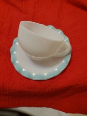 Vintage 1950 Hazel Atlas White Cup & Pastel Blue Ruffle  Edge Saucer set of 2