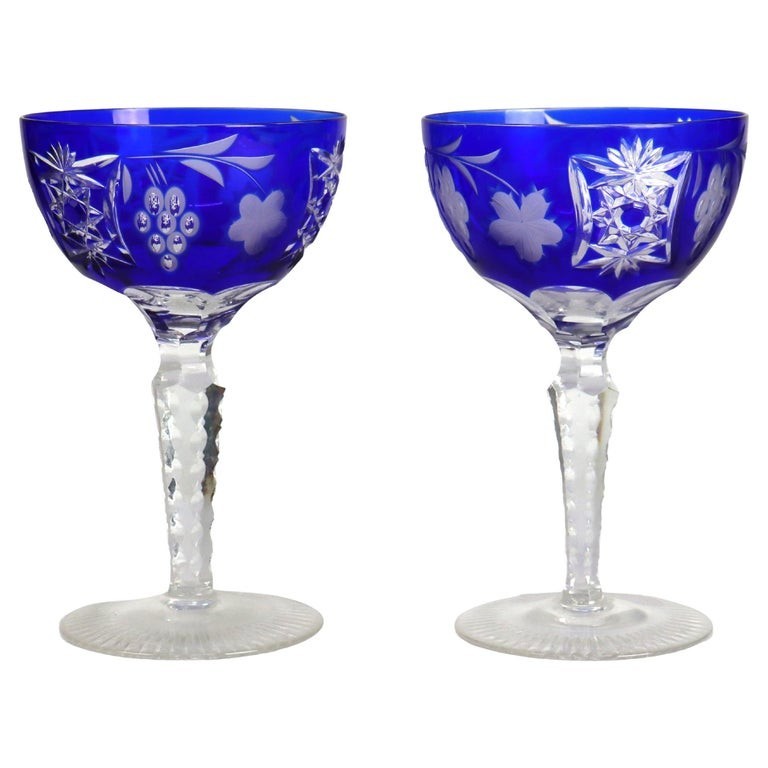 Antique Bohemian Cobalt Blue Floral & Grape Cut To Clear Crystal Wine Goblets