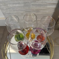 Set of Five (5) Vintage Jewel Tone Stem 8oz Glass Wine Glasses