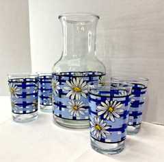 Vintage 1980’s KIG Indonesia Blue & White Daisy Carafe 4 Juice Glasses Cottage