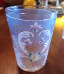Vintage Enameled Hand Blown Painted Glass Tumbler Set 4 Blue Pink Flowers AS IS