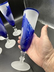 VTG Cameo Glass Horse Champagne Flutes 5 Pc Blue Frosted Hand Carved Equestrian