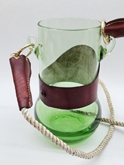 Vntg Blown Green Glass Leather Hands Free Cocktail Beer Tumbler Lanyard w/Image