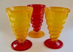 3 Rossi Thomas Art Glass Spiral Footed Goblets 16 oz Yellow Red Signed 6.75″