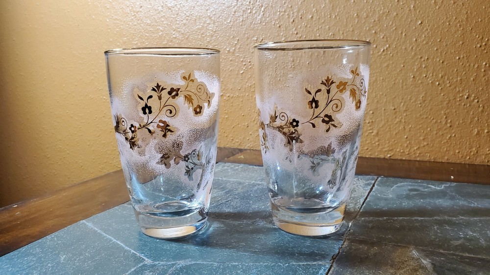 Libbey 3003-24 Cooler Tumbler Pink/Gold Flowers Gold Trim 5 1/4″ Set of 2
