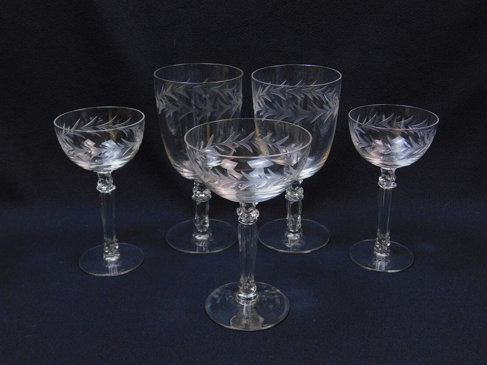 5 Vtg Fostoria Holly Clear Glasses Water Goblet Tall Sherbet Liquor Cocktail