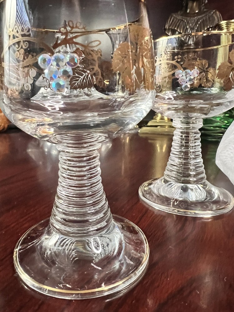 Germany Roemer Glass Barware 4 oz. Clear Stem Jewel Grapes Leaves Set of 2
