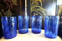Vintage MCM Cobalt Azure Blue Handblown Glass Highball Barware Set Rough Pontil