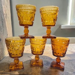 Set of 5 Indiana Colony Glass PARK LANE Amber Square Foot 5.5″ Water Goblets
