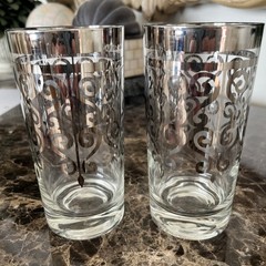 Lot 2 Vintage Highball Glasses Tumblers Platinum Scrolls