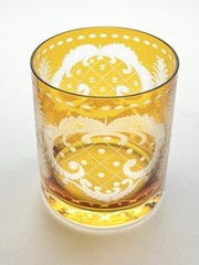 1970s Bohemian Amber Glass Cut 3 Tumbler Cocktail Glasses Wildlife Deer Duck