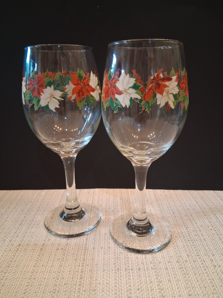 Vintage Libbey Glass Poinsettias and Holly Leaves Iced Tea Glasses Set of 2