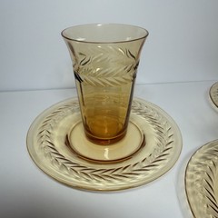 Vintage Amber Etched Juice Glasses w/ Saucers Wheat Pattern Thin Glass Set