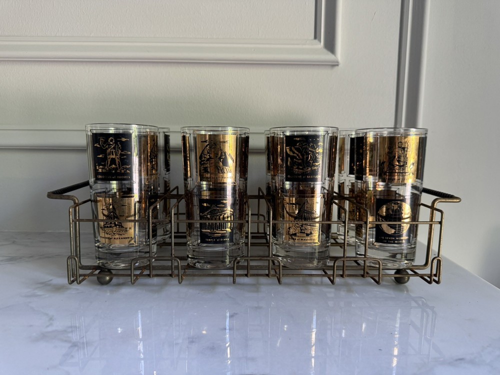 Frank Maietta Seven Wonders Of The World Mid-century modern 8 Glasses With Tray
