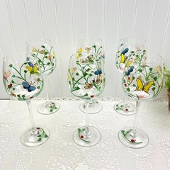 Lenox Set of 6 Butterfly Meadow Collection Clear Glass Wine Goblets Handpainted