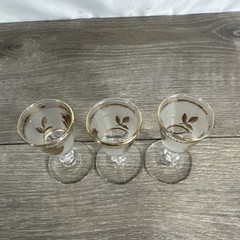 VTG Set of 3 Gold Leaf Libby Frosted Stemmed Cordial Shot Glasses 3.5 x 1.5