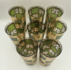 Culver Turquoise & Raised Gold 22K Tumblers Prado Design Signed Set Of 6 Vintage