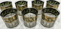 7 CERA GOLDEN GRAPES GREEN VINTAGE LOWBALL COCKTAIL BARWARE GLASSES MCM WHISKEY