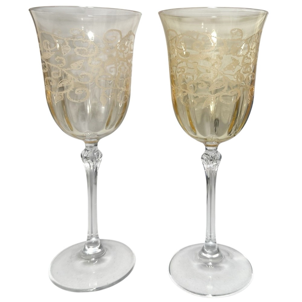 Cristalleria Fratelli Fumo x2 Wine Glasses 8.25” Handmade Etched Vines Amber