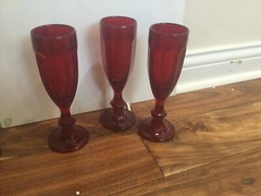 RARE htf red paneled flutes 8» set of 7 Duratuff? Hocking? red glass Xmass