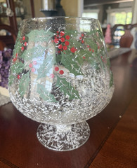 Christmas Holly & Berry Decorated Clear Glass snack bowl. From 1950s