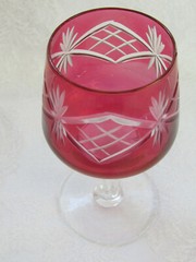 Pair of Hand-Blown Cut to Clear Vintage Cranberry Stained Wine Glasses