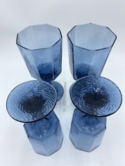 VINTAGE Blue Paneled Water Goblet Stemmed LIBBEY Facet Textured Drinking Glass
