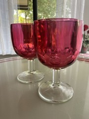 Bartlett Collins Cranberry Red Flashed Glass Tumbprint Goblers 6.25″ Set of 2