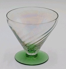 Vtg. Fostoria Optic Swirl Uranium Green Stem Iridescent Dessert Sherbert Dish