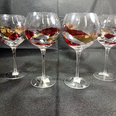 4 ROMANIA La Fleur BALLOON WINE GLASS RED GOLD MOSAIC Led Free Crystal 8.5” New